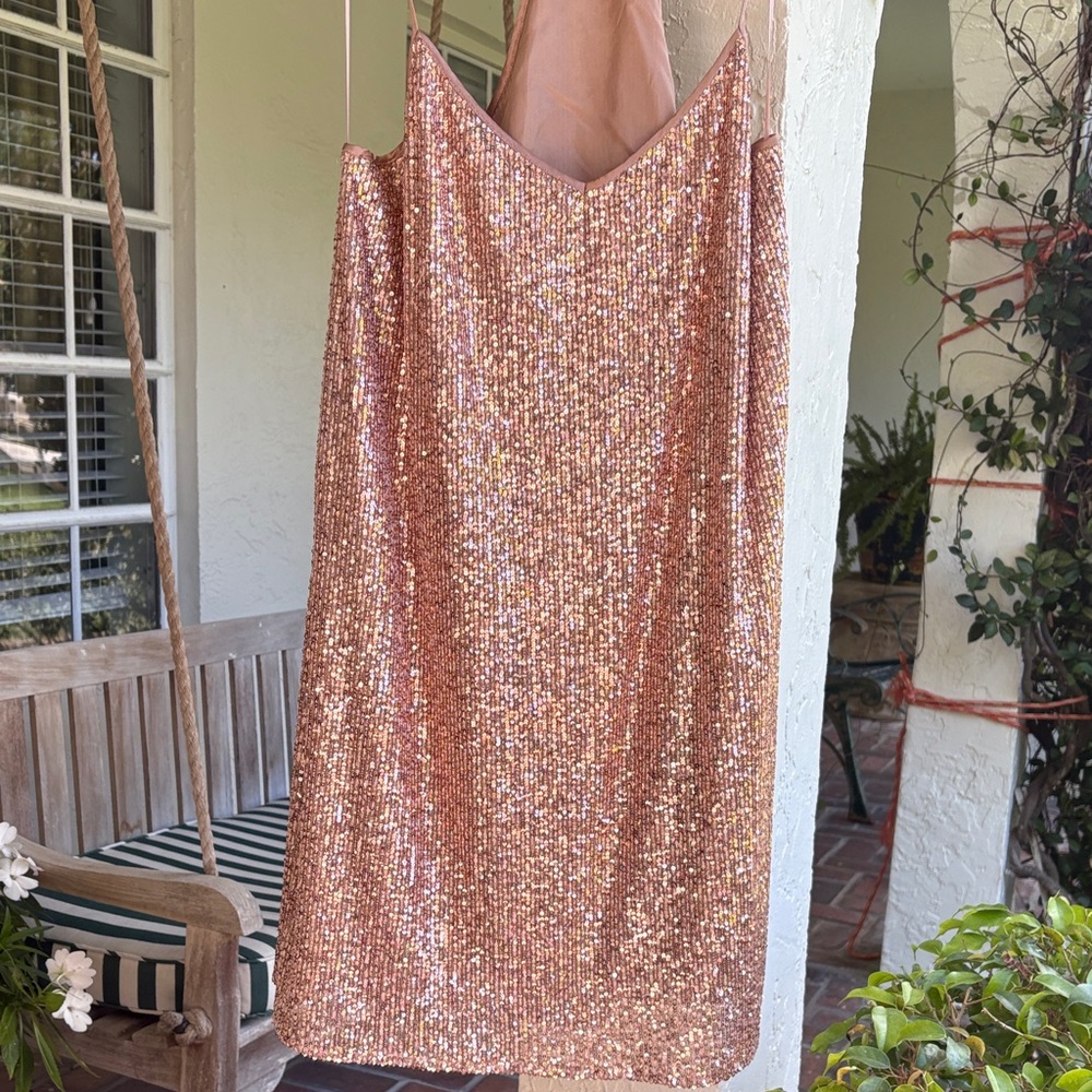 Elegant racerback Sequin Dress in Rose Gold.